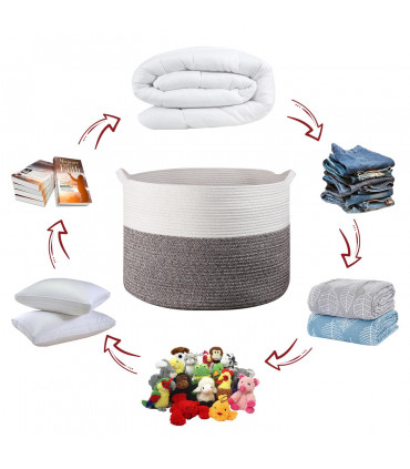 Cotton Rope Laundry Basket WHT & NATURAL 56 x 35.5cm - Natural Hand-Woven Basket