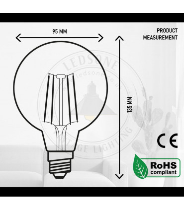 LED Dimmable Bulb G95 E27 4W 2700K Amber Glass Metal Vintage Light Bulbs 10Pack