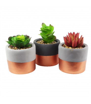 Stoneware Mini Copper Band Planters Set of Three Artificial Succulent Plants