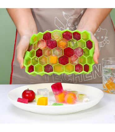 2 Pack Ice Cube Hexagon Silicone Tray with Clear Removable Lids GREEN 0000361