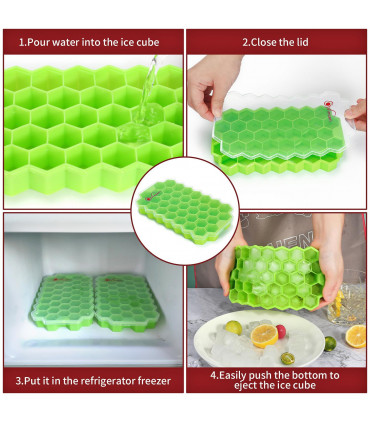 2 Pack Ice Cube Hexagon Silicone Tray with Clear Removable Lids GREEN 0000361