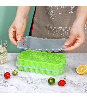 2 Pack Ice Cube Hexagon Silicone Tray with Clear Removable Lids GREEN 0000361