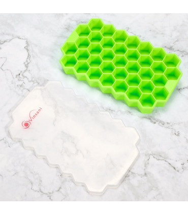 2 Pack Ice Cube Hexagon Silicone Tray with Clear Removable Lids GREEN 0000361