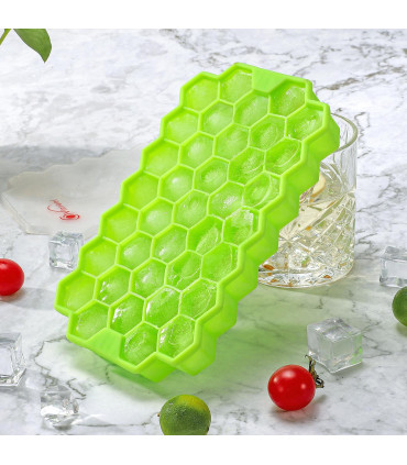 2 Pack Ice Cube Hexagon Silicone Tray with Clear Removable Lids GREEN 0000361