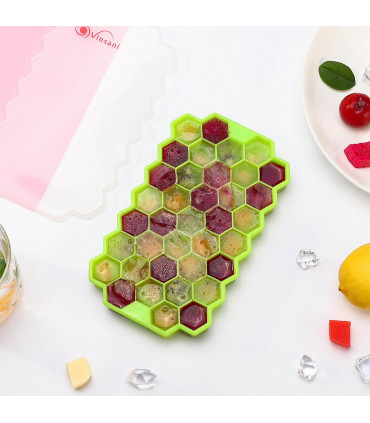 2 Pack Ice Cube Hexagon Silicone Tray with Clear Removable Lids GREEN 0000361