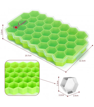 2 Pack Ice Cube Hexagon Silicone Tray with Clear Removable Lids GREEN 0000361