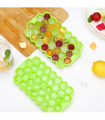2 Pack Ice Cube Hexagon Silicone Tray with Clear Removable Lids GREEN 0000361
