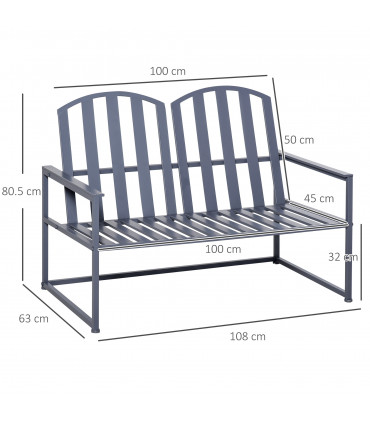 Metal Grey 2 Seat Steel Patio Garden Bench 80.5H x 108W x 63Dcm Outdoor