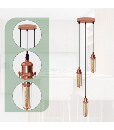 Ceiling E27 Pendant Light 3 Head Round Base Rose Gold Wire Cage PVC Black 95cm
