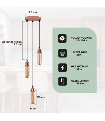 Ceiling E27 Pendant Light 3 Head Round Base Rose Gold Wire Cage PVC Black 95cm