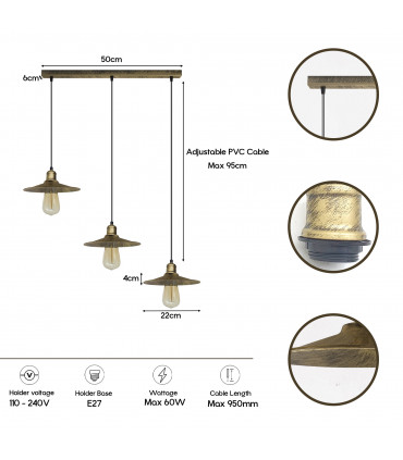 Ceiling Pendant Light Metal Brushed Brass 3 Head Vintage Industrial 22cm Shade