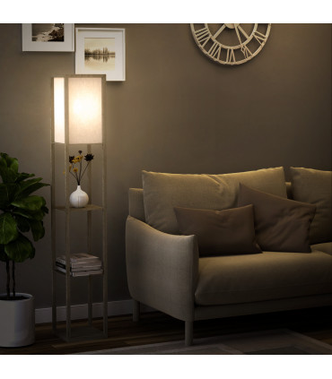 Floor Lamp 4-Tier White and Oak 26cm x 26cm x 160cm Solid MDF with Shelves