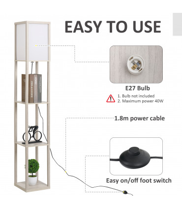 Floor Lamp 4-Tier White and Oak 26cm x 26cm x 160cm Solid MDF with Shelves