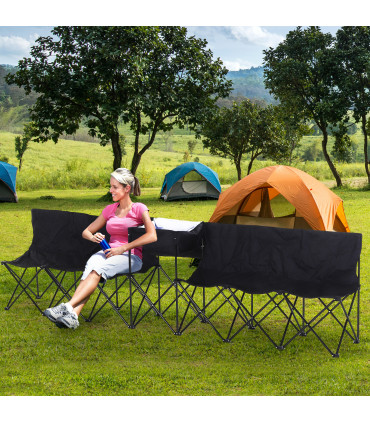 Outdoor 6 Seat Camping Bench Folding Portable with Cooler Bag Black Oxford Cloth