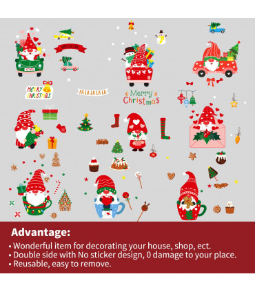 9 Sheets Christmas Window Stickers Double-side PVC Reusable Window Cling Rudolph
