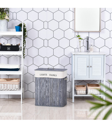 Bamboo Laundry Hamper Removable Lining Large Section Double