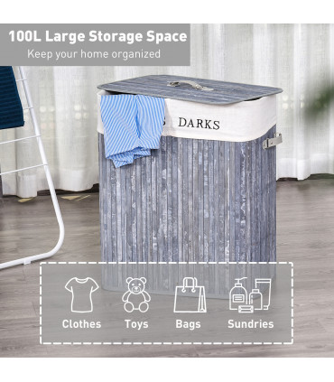 Bamboo Laundry Hamper Removable Lining Large Section Double