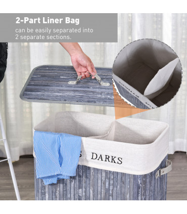 Bamboo Laundry Hamper Removable Lining Large Section Double