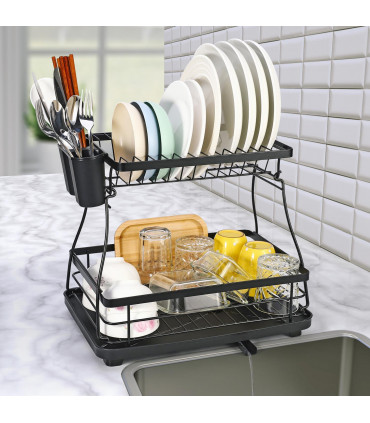 Dish Rack Black Stainless Steel 2-Tier Detachable Modern Auto Drainage System