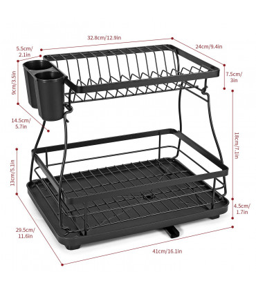 Dish Rack Black Stainless Steel 2-Tier Detachable Modern Auto Drainage System