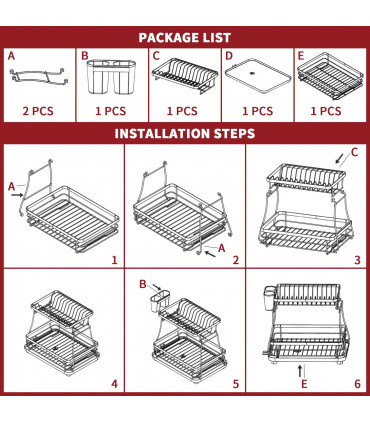 Dish Rack Black Stainless Steel 2-Tier Detachable Modern Auto Drainage System