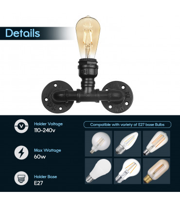 Wall Lamp Retro Light Steampunk Holder E27 60W Dimmable NonDimmable Bulb Black