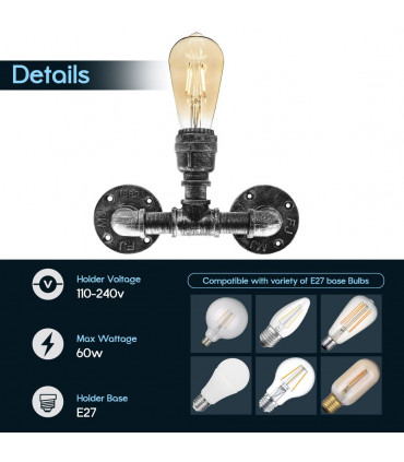 Metal Brushed Silver Vintage Industrial Light Holder E27 60W Dimmable Bulb