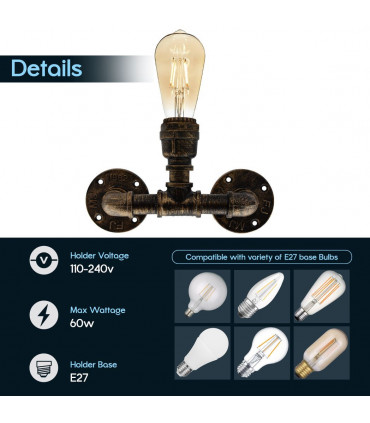 Brushed Copper Vintage Industrial Light Holder E27 60W Dimmable NonDimmable Bulb