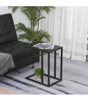 C Shape Side Table Marble-Effect Top Metal Frame Black 51.5H x 45L x 30Wcm