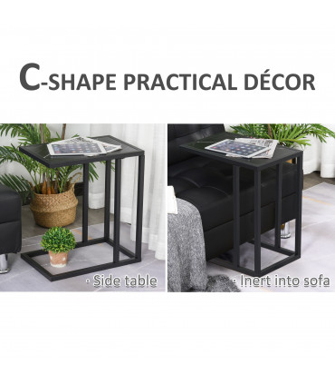 C Shape Side Table Marble-Effect Top Metal Frame Black 51.5H x 45L x 30Wcm