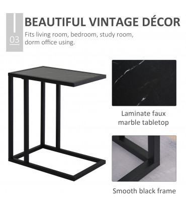 C Shape Side Table Marble-Effect Top Metal Frame Black 51.5H x 45L x 30Wcm
