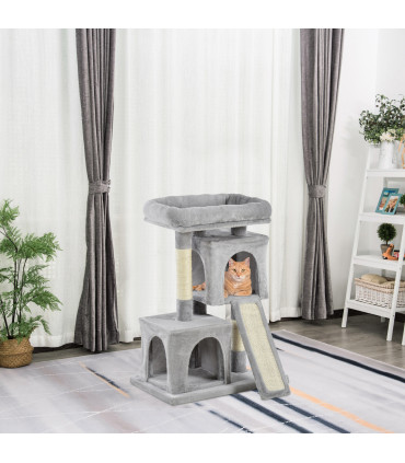 Cat Rest & Play Activity Tree Grey Plush 59L x 39W x 83H cm 2 House Cushion