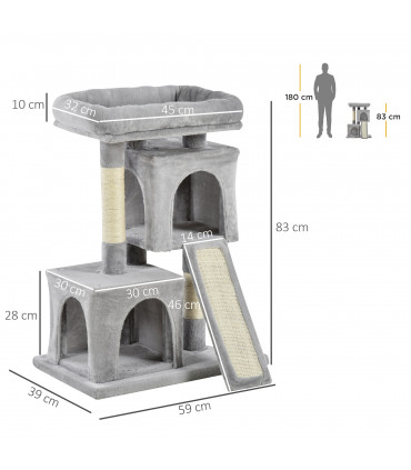 Cat Rest & Play Activity Tree Grey Plush 59L x 39W x 83H cm 2 House Cushion