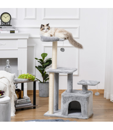 Cat Tree Tower Light Grey 60L x 40W x 114H cm Sisal Hanging Ball Condo Plush