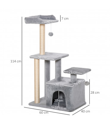Cat Tree Tower Light Grey 60L x 40W x 114H cm Sisal Hanging Ball Condo Plush