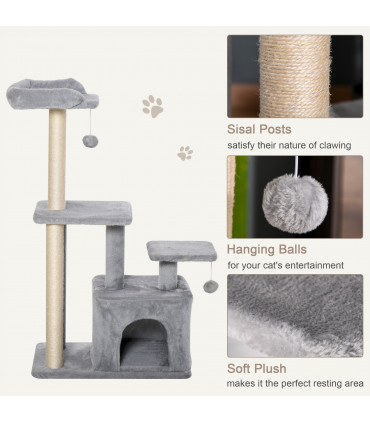 Cat Tree Tower Light Grey 60L x 40W x 114H cm Sisal Hanging Ball Condo Plush