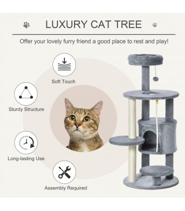 Cat Tree Tower Activity Center with Hanging Ball Toy Teasing Rope Dark grey