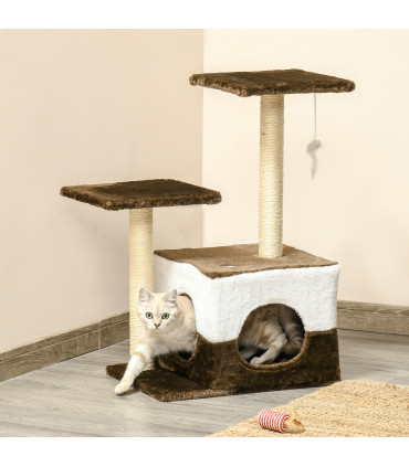 Cat Tree Brown Sisal Scratching Posts House Perches Toy Mouse Soft Plush Fabric