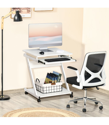Metal Computer Desk with 4 Moving Wheels Sliding Keyboard Tray White
