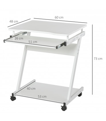 Metal Computer Desk with 4 Moving Wheels Sliding Keyboard Tray White