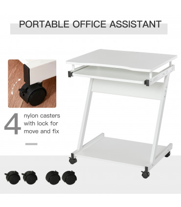 Metal Computer Desk with 4 Moving Wheels Sliding Keyboard Tray White
