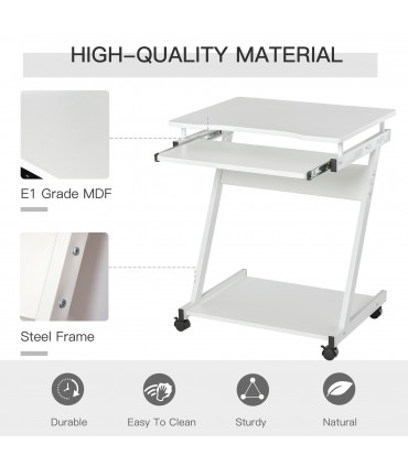 Metal Computer Desk with 4 Moving Wheels Sliding Keyboard Tray White