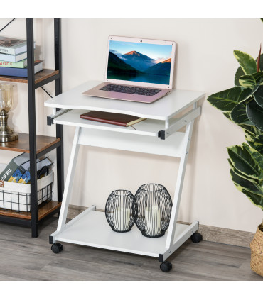 Metal Computer Desk with 4 Moving Wheels Sliding Keyboard Tray White