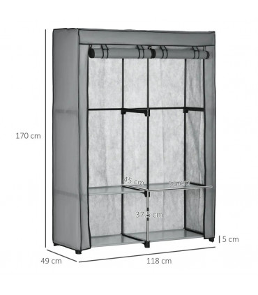 Fabric Wardrobe Light Grey 170H x 118W x 49Dcm Portable Fabric Cabinet 4 Shelves
