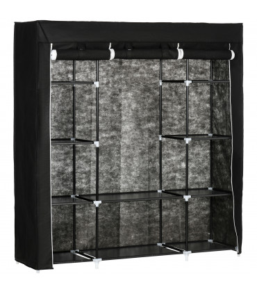 Fabric Wardrobe Portable Wardrobe with 10 Shelves 1 Hanging Rail Black