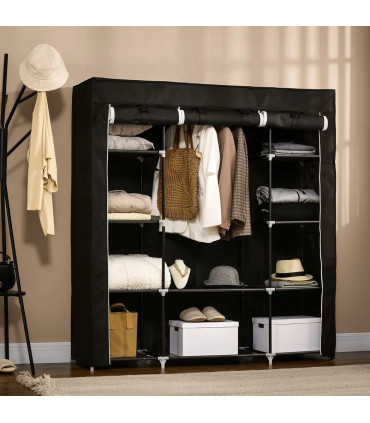 Fabric Wardrobe Portable Wardrobe with 10 Shelves 1 Hanging Rail Black