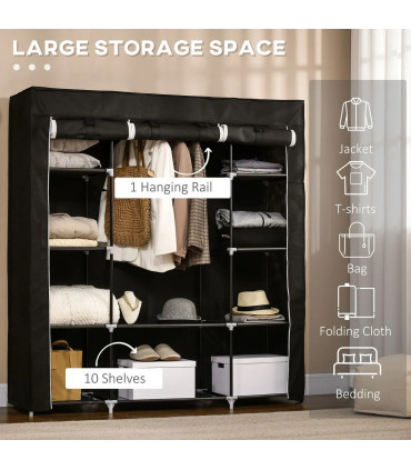 Fabric Wardrobe Portable Wardrobe with 10 Shelves 1 Hanging Rail Black