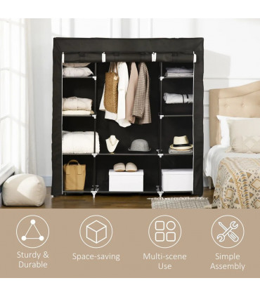 Fabric Wardrobe Portable Wardrobe with 10 Shelves 1 Hanging Rail Black