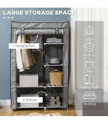 Fabric Wardrobe Portable Wardrobe with 6 Shelves 1 Hanging Rail Light Grey