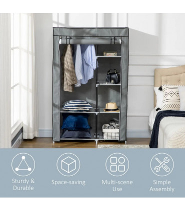 Fabric Wardrobe Portable Wardrobe with 6 Shelves 1 Hanging Rail Light Grey